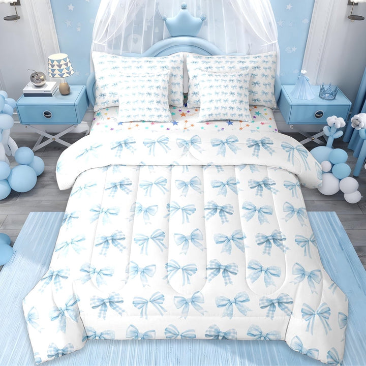 Erosebridal Dreamy Princess Kawaii Bowknot 7-Piece Twin Bedding Sets For Bows Lovers,Kawaii Bowknots Bow Tie Bedding Comforter Set,White Blue,Reversible