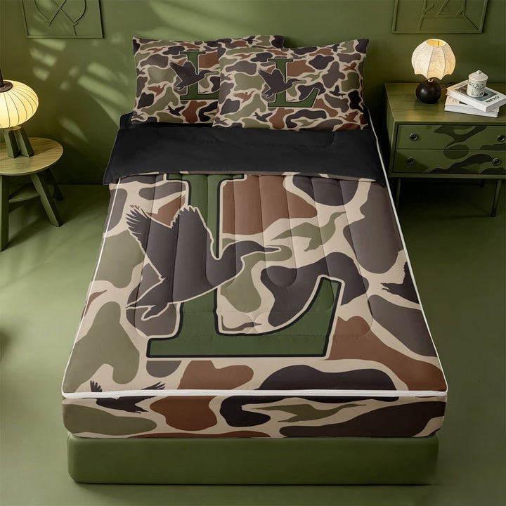 meiyoeat Retro Country Farmhouse Camo Zipper Twin Comforter Sets with Fitted Sheet and 2 Pillowcases For Boys,Camouflage Theme Initial Letter L Zipper Bedding Set,Black Reversible,4 Pieces
