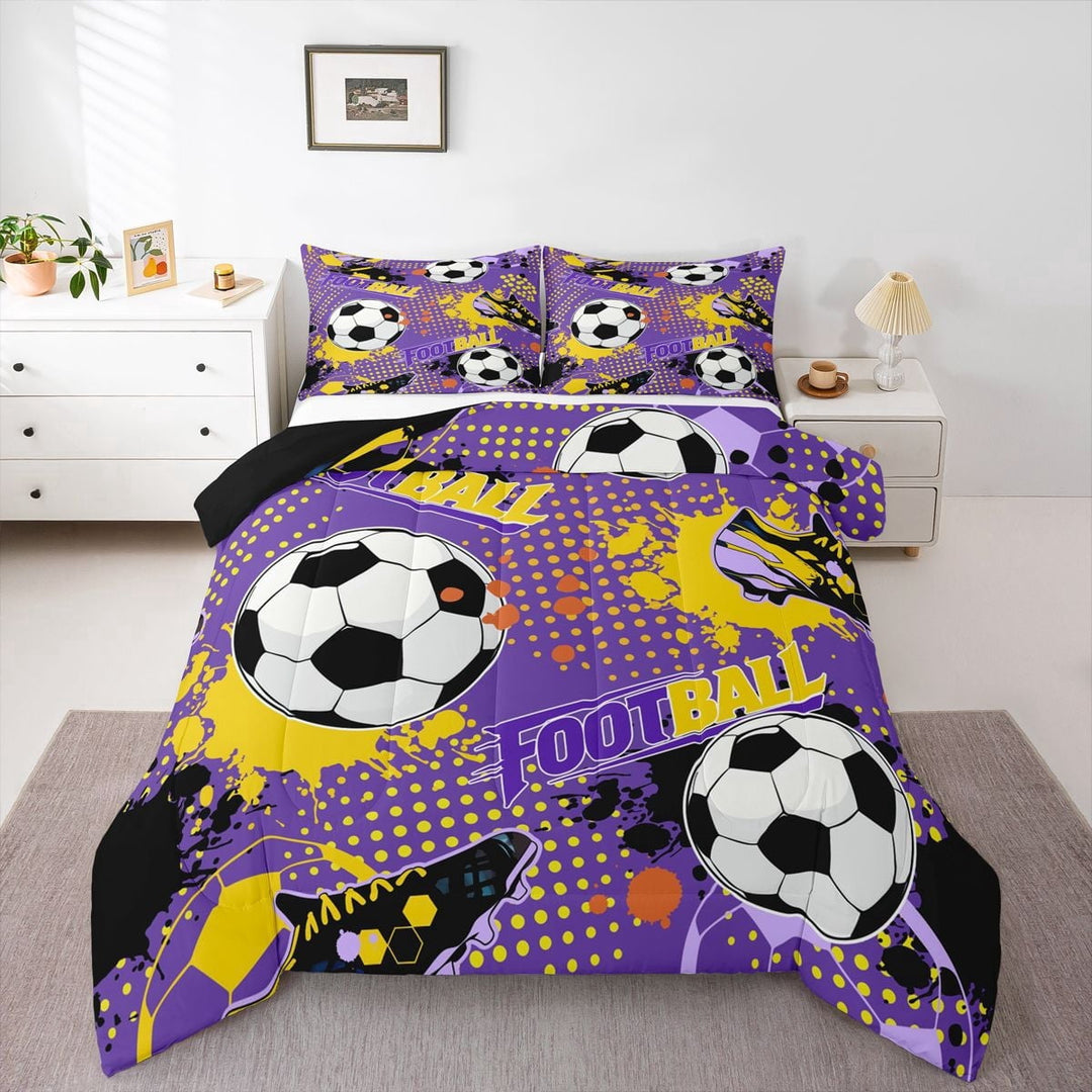 Erosebridal Soccer Cleat Full Size Comforter Sets, Purple Yellow Watercolor Bedding Sets for Boys and Girls, 3-Piece