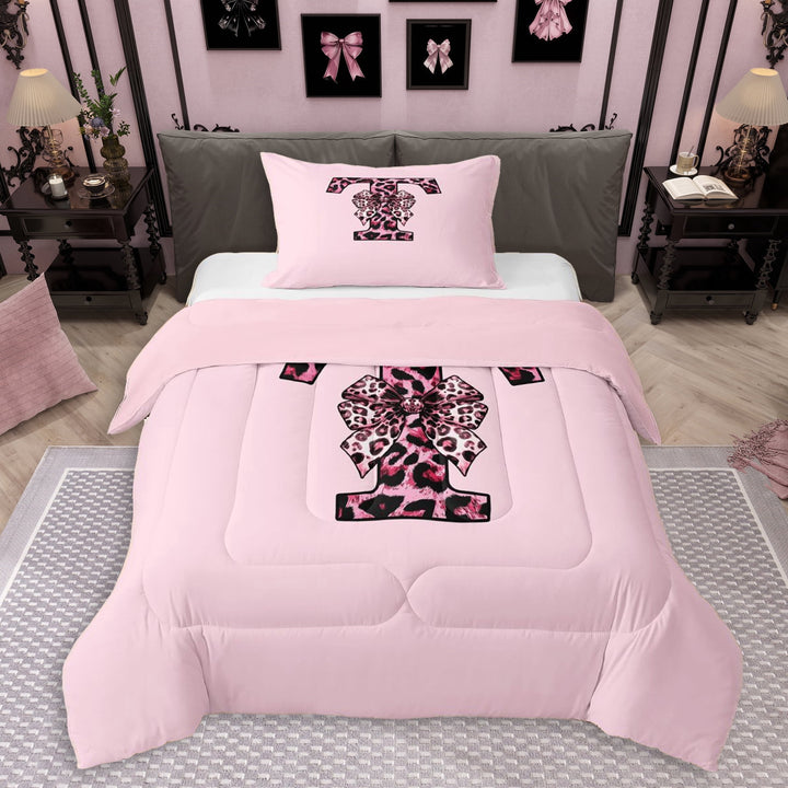 Erosebridal Kawaii Cheetah Print Bow Girl Twin Comforter Sets 3-Piece,Girls Teens Leopard Print Letter Monogrammed T Bedding Set,Pink Reversible