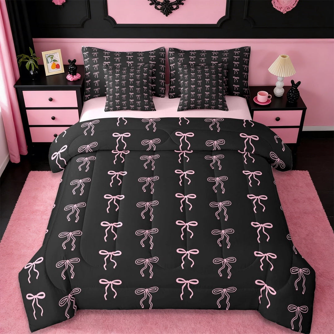 Erosebridal Ribbon Princess Bowknot 7-Piece Twin Bedding Sets,Kawaii Bow Bedding Comforter Set For Girls Teens,Pink Black,Reversible