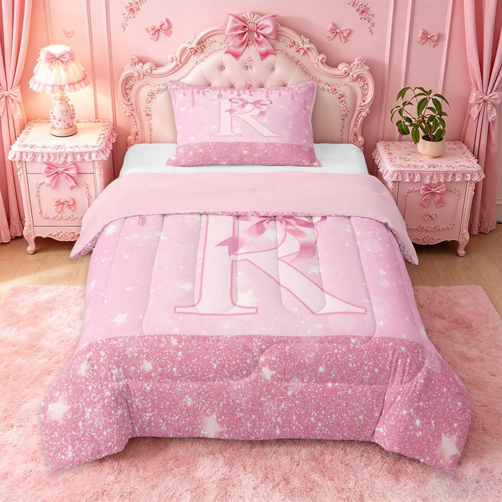 Erosebridal Girly Bowknot Twin Comforter Sets For Kids,Sparkling Print Letter R Monogrammed Bedding Set,Pink Reversible,2pcs