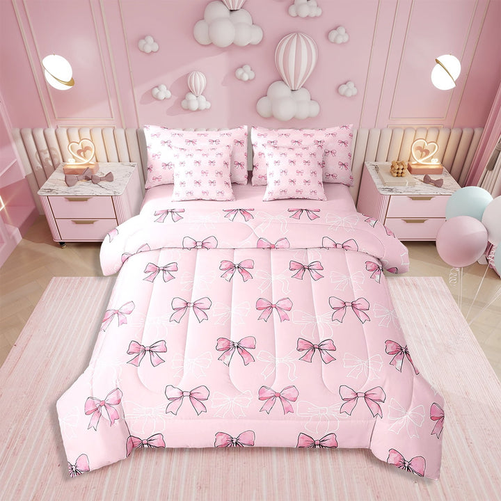 Erosebridal 7Pc Pink and White Bow Comforter Set Twin,Pink Bows Bedding Set with Sheets,Princess Bow Tie Bed Set Cute Girly Bowknot Bed in a Bag with Fitted Sheet,Flat Sheet,Pillowcases