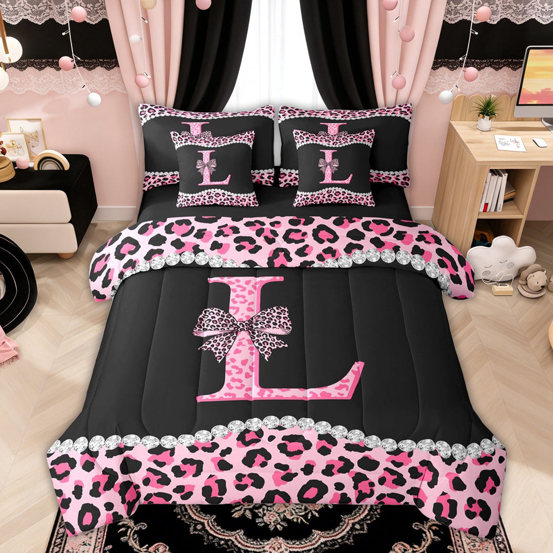 Manfei Leopard Print Letter L Bow Twin Bedding Sets, Rhinestone Bedding Comforter Set for Girls Women, Black Reversible, 7 Pieces