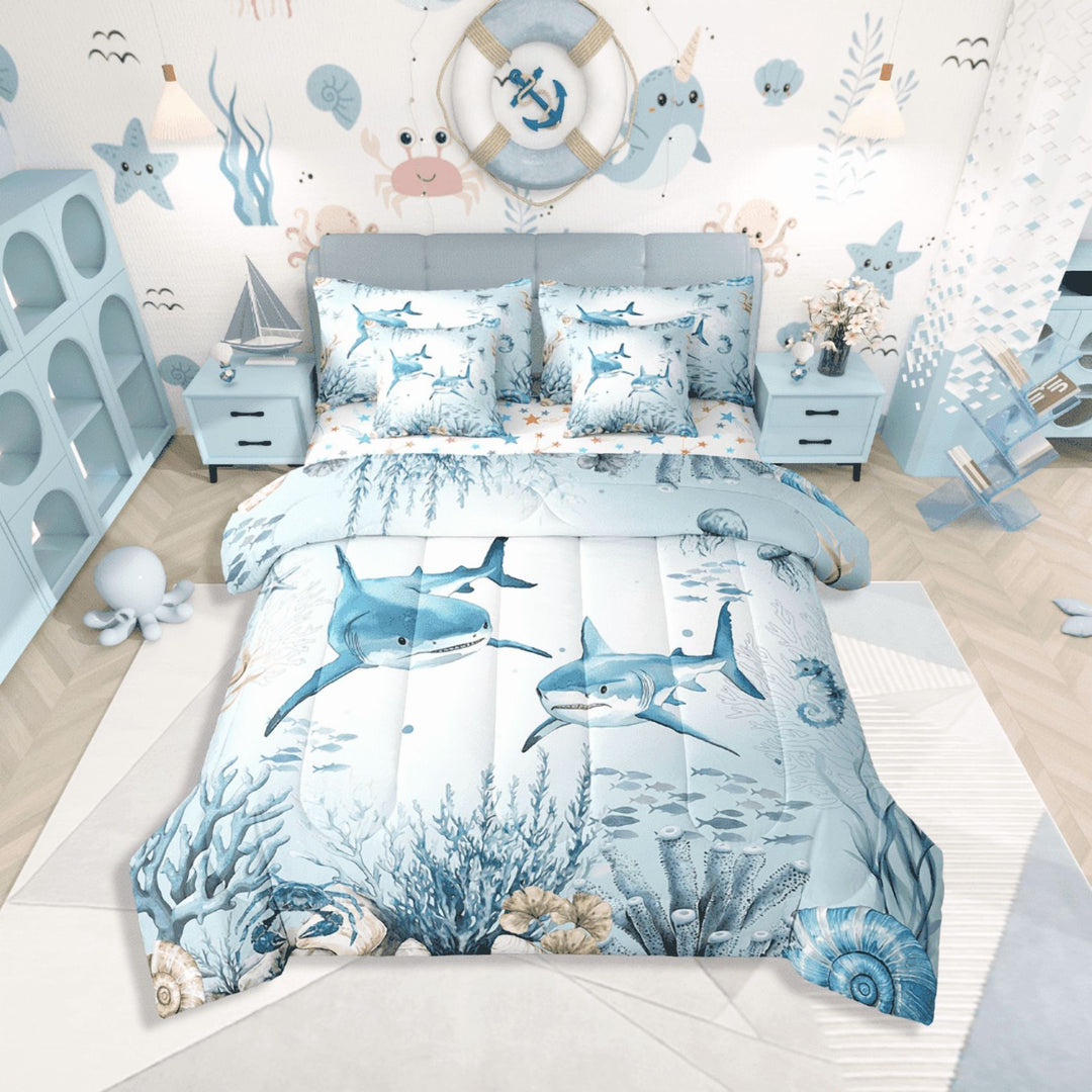Erosebridal Wildlife Shark Bedding Sets Twin Size,Marine Sealife Comforter Sets with Sheets,Underwater World Decor,Reversible,7pcs