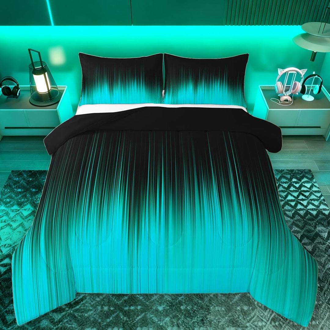 Manfei Black Cyan Stripes Full Size Comforter Sets for Adult, Chic Abstract Lines Bedding Comforter Set, Modern Fashion Style Reversible Bedding Sets, Super Cozy Room Decor, 3pcs