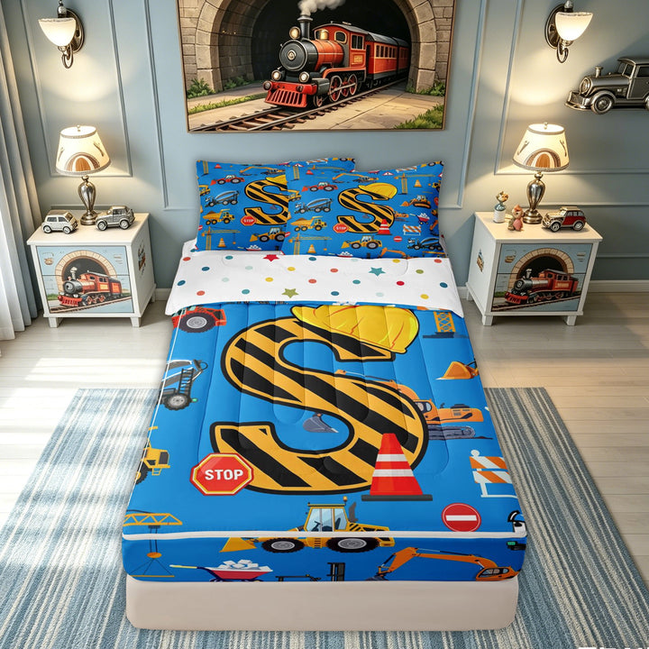 meiyoeat Construction S Initial Hard Hat Zipper Comforter Set with Fitted Sheet and 2 Pillowcases, Cartoon Truck Zipper Bedding Set for Boys Girls, Blue, Polkadot Reversible, 3-Piece