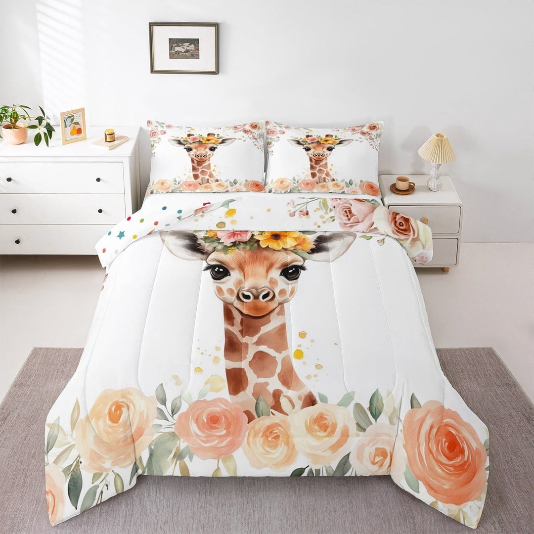Erosebridal Animal Giraffe Comforter Sets Queen Size,Rose Flower Bedding Queen Comforter Set,Floral Wildlife Comforters &amp; Duvets,Lightweight Child Bedroom Decor,Reversible,3-Piece