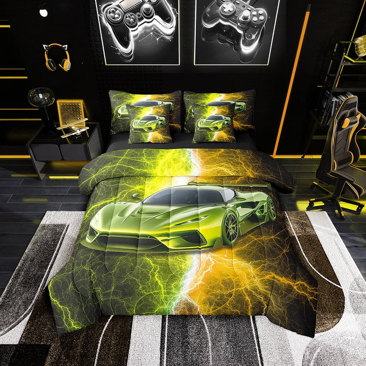 Erosebridal Speed Sports Car Bedding Sets Full Size 7-Piece , Lightning Comforter Sets with Sheets, Microfiber