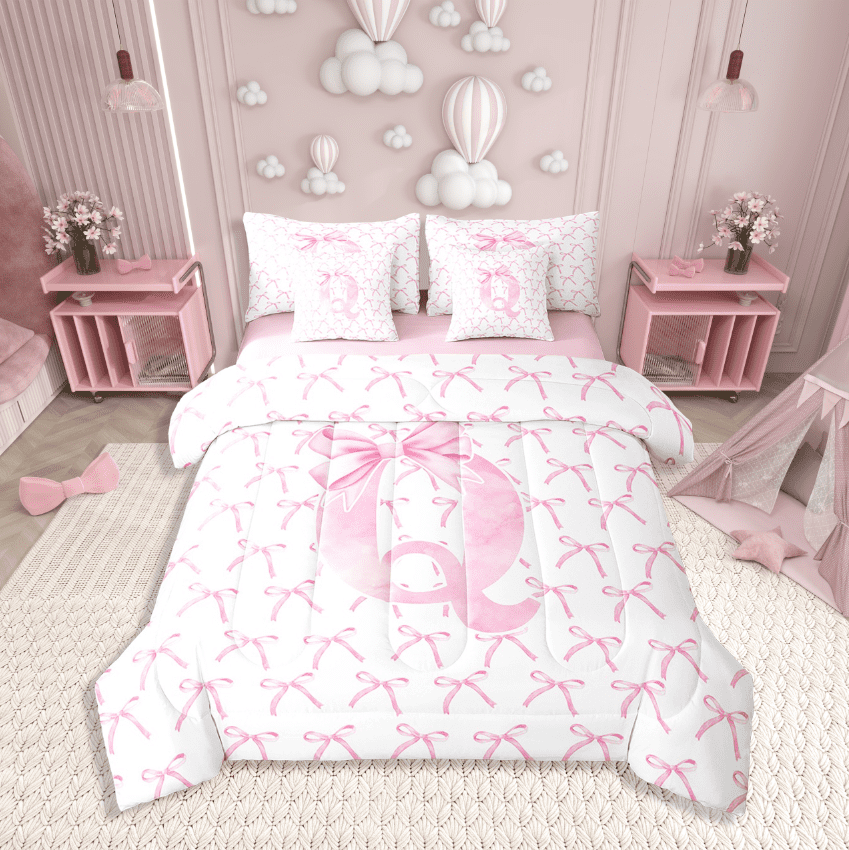 Erosebridal Initial Letter Bedding Sets Twin Size,Monogrammed Bowknot Comforter Sets with Sheets,Kawaii Decoration,Reversible,7pcs