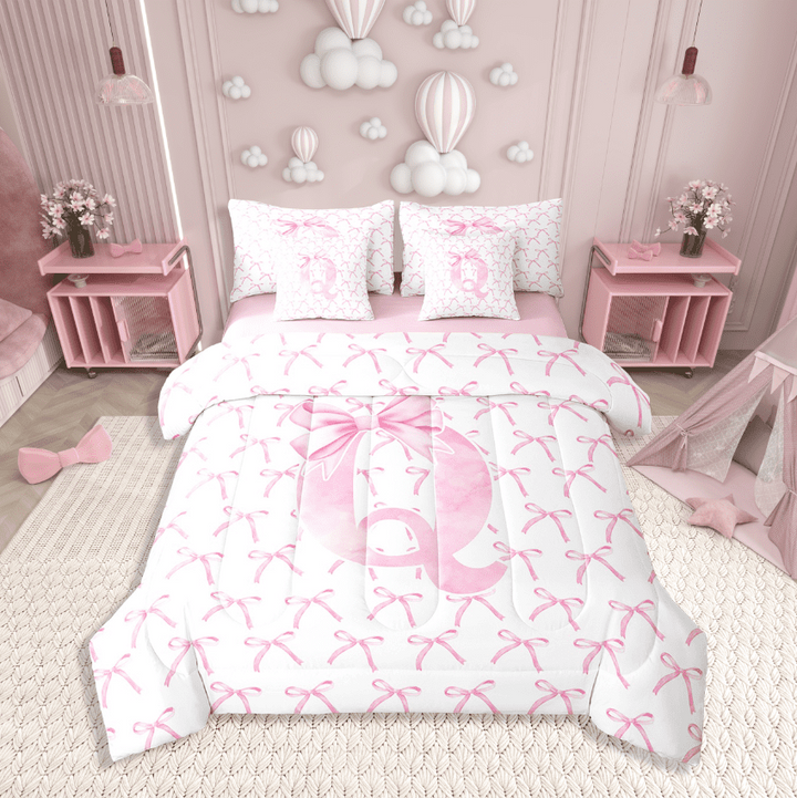 Erosebridal Initial Letter Bedding Sets Twin Size,Monogrammed Bowknot Comforter Sets with Sheets,Kawaii Decoration,Reversible,7pcs