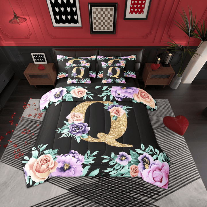 Erosebridal Cartoon Monogrammed Bed in a Bag, Initial Q Letter Bed Set, Retro Floral Reversible Comforter Sets, Breathable Bedroom Decorative, 7pcs