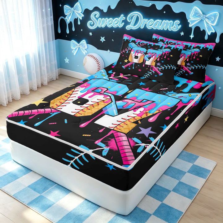 meiyoeat Dripping 67 Baseball Ice Cream Zipper Full Size Comforter Sets with Fitted Sheet and 2 Pillowcases for Boys, Crossed Bat Stars Sport Zipper Bedding Set, Black Reversible, 4-Piece