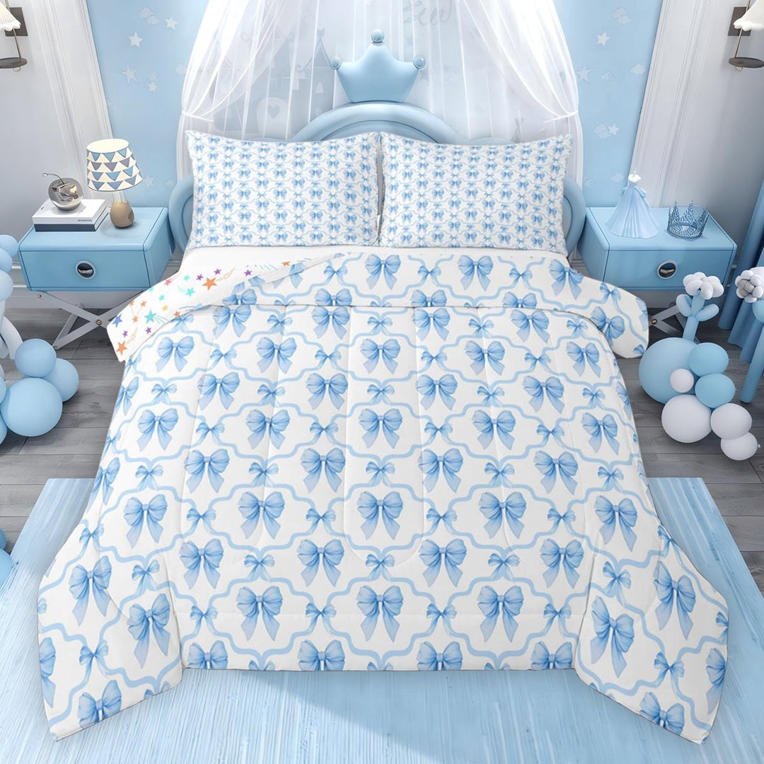 Erosebridal Blue Bow Full Size Comforter Sets, Princess Style Bedding Sets, Colorful Stars Reversible, 1 Comforter and 2 Pillowcases