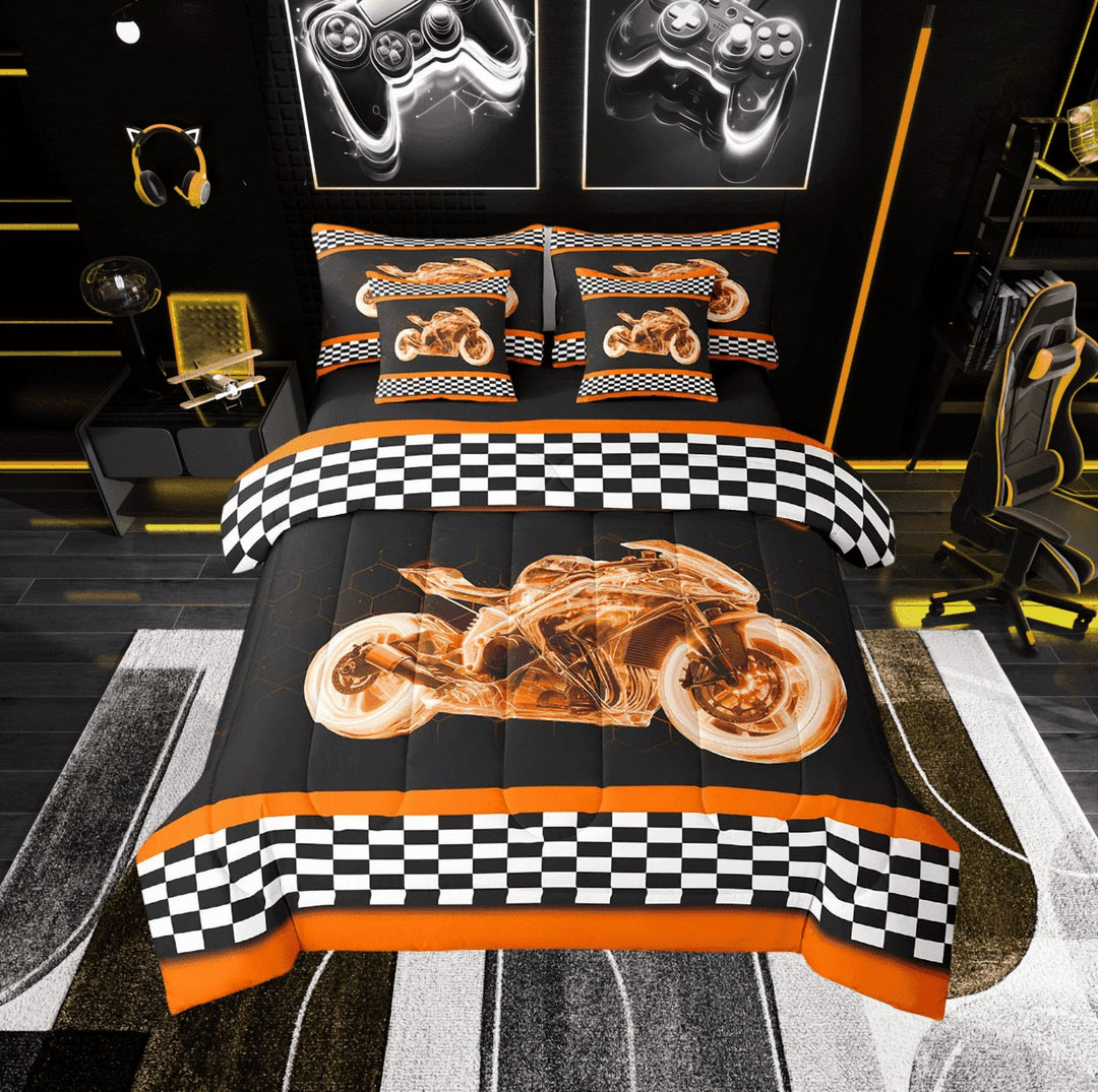 Erosebridal Neon Motorcycle Bedding Sets Twin Size, Honeycomb Geometry Comforter Sets with Sheets, Extreme Sports Decor, Reversible