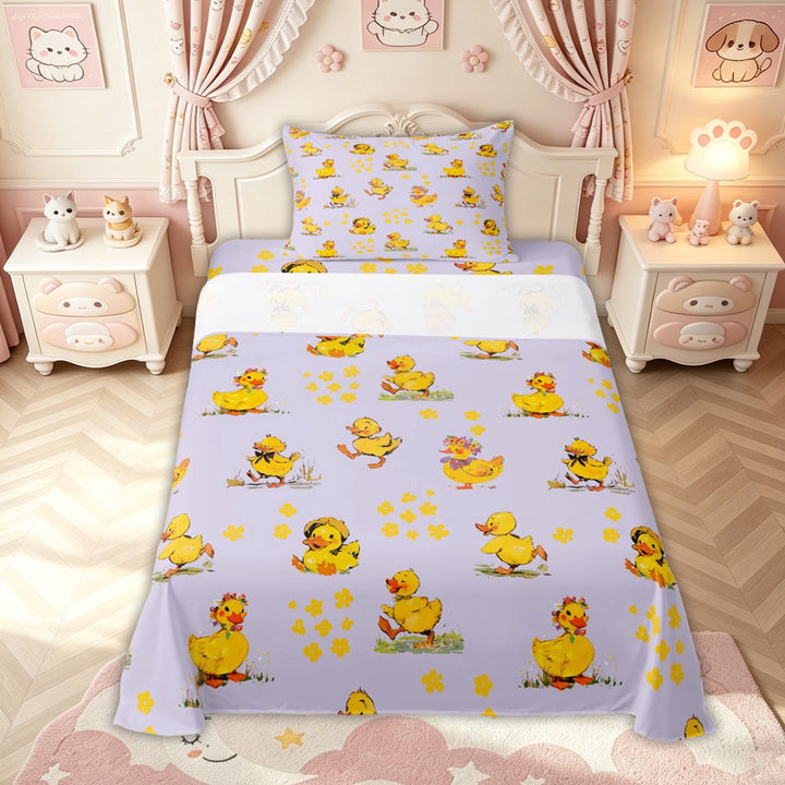 meiyoeat Adorable Duck Bed Sheets for Kids Girls, Watercolor Floral Full Size Sheets for Bedroom, Purple, 4pcs