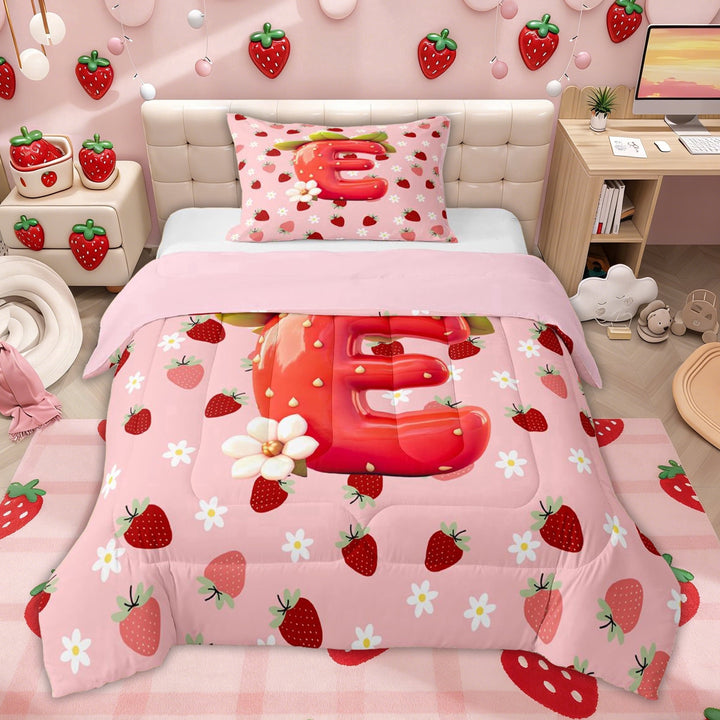 Erosebridal Strawberry Letter E Twin Comforter Sets for Kids, Pink Cartoon Floral Bedding Set, Pink Reversible, 2-Piece
