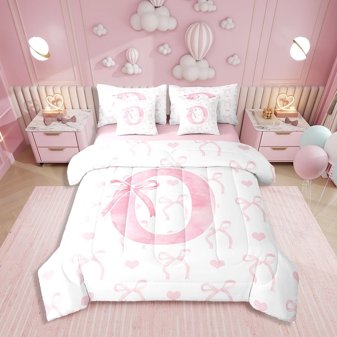 Erosebridal Initial O Letter Bedding Sets Twin Size, Cute Bowknot Comforter Sets with Sheets, Dreamy Princess Decor, Reversible 7pcs