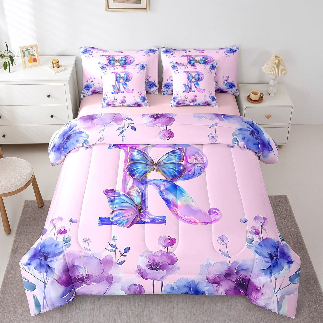 Erosebridal Monogrammed R Bedding Sets Twin Size,Tie Dye Flower Print Comforter Sets with Sheets,Wild Animal Butterfly Bed in a Bag Twin Size,Lightweight Room Decor Reversible,7-Piece