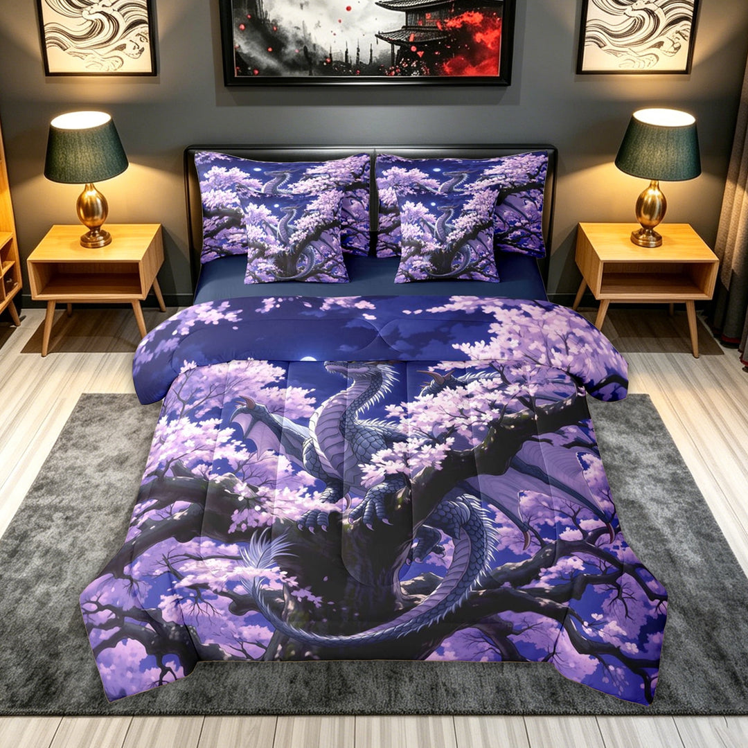 meiyoeat Cherry Blossom Moon Dragon Full Size Bedding Sets for Men Women Kids, Japanese Style Wildlife Full Size Bed in a Bag, Purple Blue, Blue Reversible, 7 Pieces