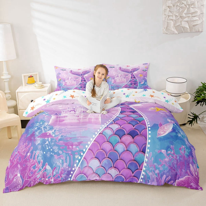 Erosebridal Purple Mermaid Kid Duvet Cover Set, Ocean Castle Bedding Full, Stars Reversible, 3 Pieces, 1 Duvet Cover and 2 Pillowcases (No Comforter)