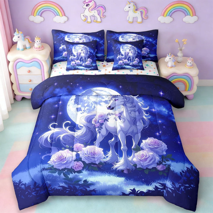 Erosebridal 3D Unicorn Print 7-Piece Twin Bedding Sets,Purple Flowers Floral Bedding Comforter Set For Kids Girls,Reversible
