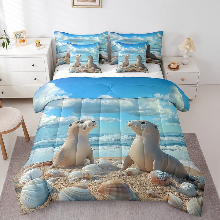 Erosebridal Ocean Seal Bed in a Bag Twin size, Kawaii Sealife Bed Set, Marine Seashell Decor, Reversible 7 Pieces