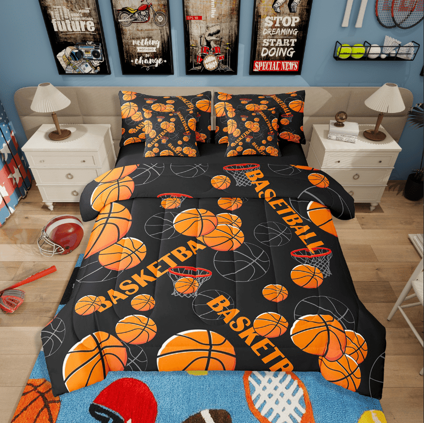 Erosebridal Orange Basketball Bedding Sets Twin Size,Sport Gamer Comforter Sets With Sheets,Ball Game Decoration,Reversible,Breathable,7Pcs