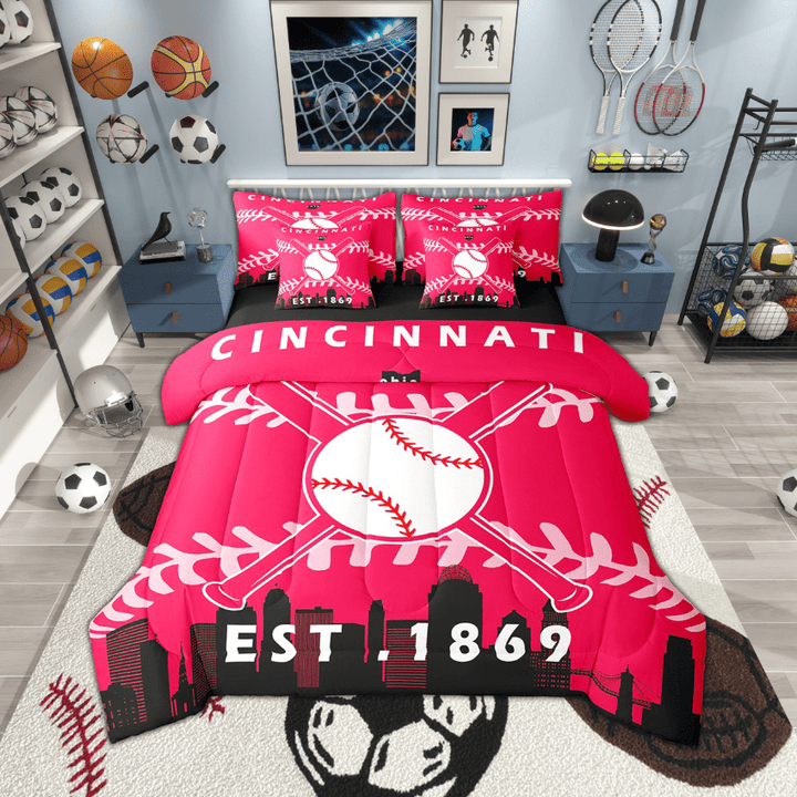 7 Pcs Comforter Set Twin Size,Sports Bed in a Bag with Flat Sheet and Fitted Sheet for Baseball Players,Baseball City Bedding Set with Pillowcase and Sham(Cincinnati)