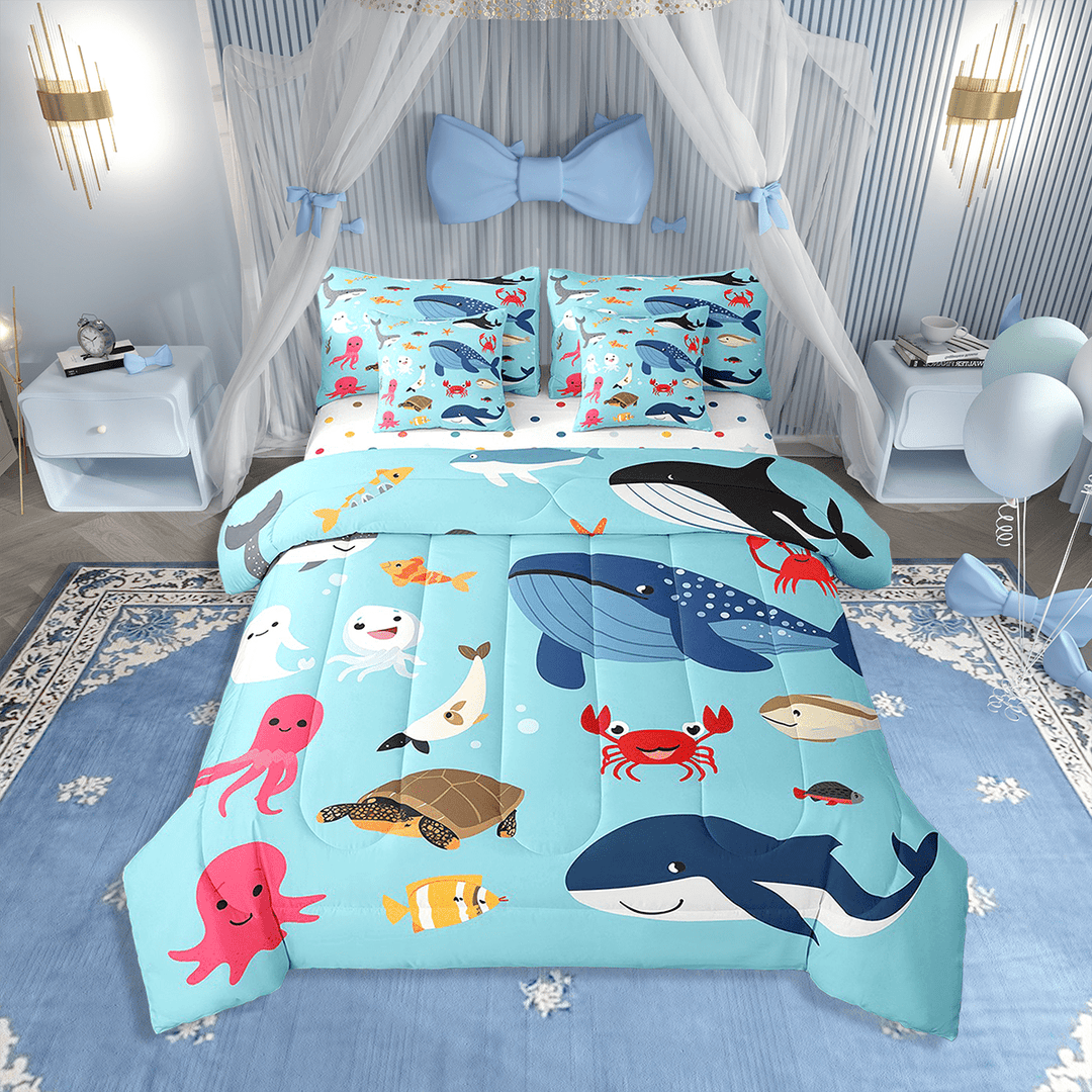 Ocean Animal Queen Comforter Set With Sheets 7 Piece Cute Octopus Whale Turtle Bed In A Bag Marine Life Bedding Set Underwater World Bed Set Reversible