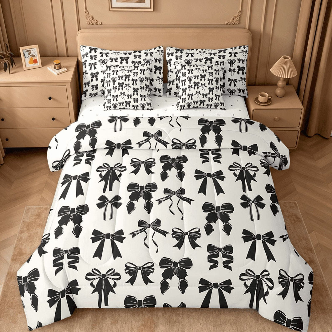 Manfei Black Bow 7 Pieces Bedding Comforter Set For Teens Girls,Cute Bowknot Full Bedding Set Girls Bow Reversible