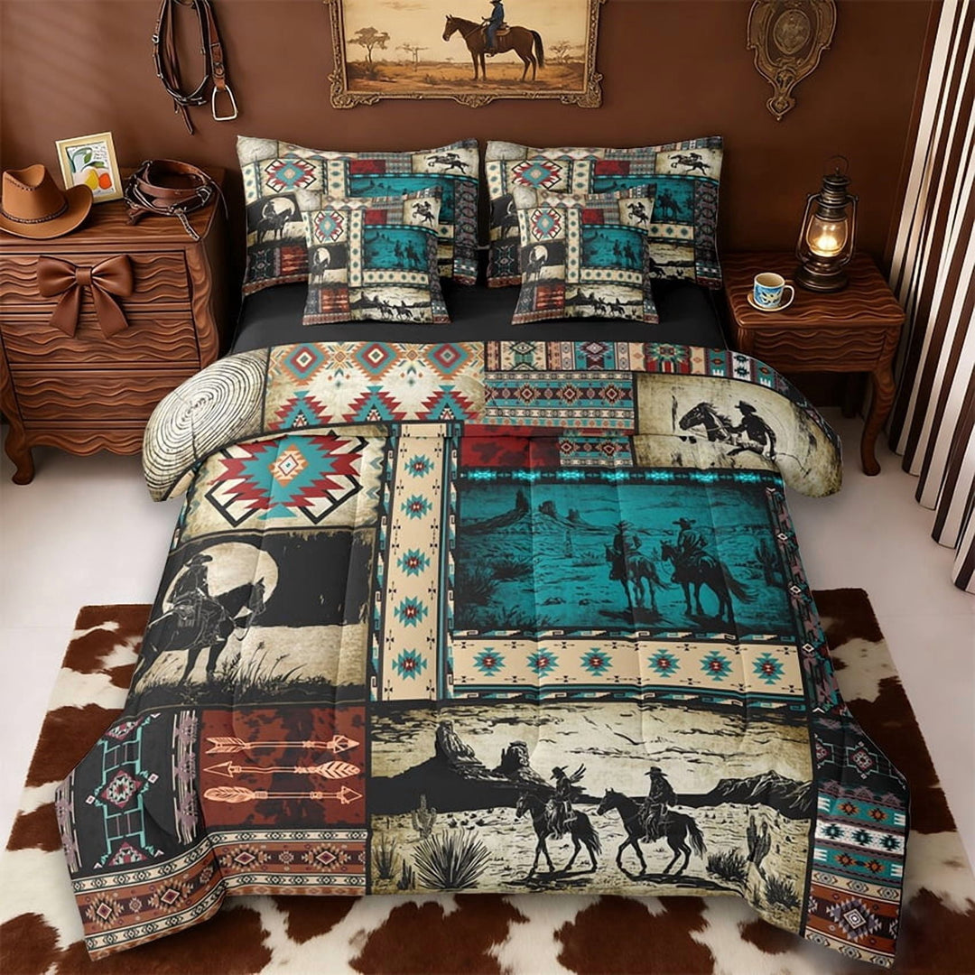 Erosebridal Adults Western Cowboys 7-Piece Twin Bedding Sets,Country Theme Bohemian Exotic Style Bedding Comforter Set For Men Boys,Reversible Black