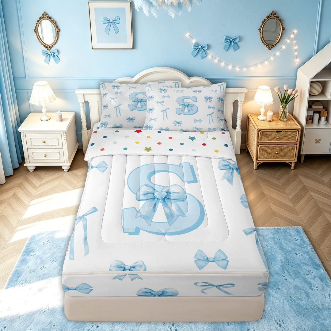 meiyoeat Cute Bow Letter S Zipper Comforter Set with Fitted Sheet and 2 Pillowcases for Girls, Watercolor Ribbon Zipper Bedding Set, Blue, Polkadot Reversible, 3pcs