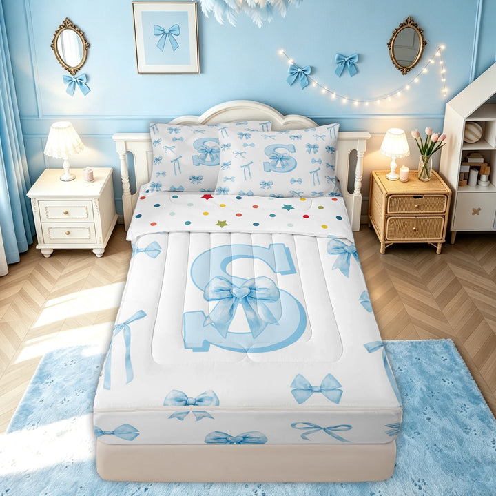 meiyoeat Cute Bow Letter S Zipper Comforter Set with Fitted Sheet and 2 Pillowcases for Girls, Watercolor Ribbon Zipper Bedding Set, Blue, Polkadot Reversible, 3pcs