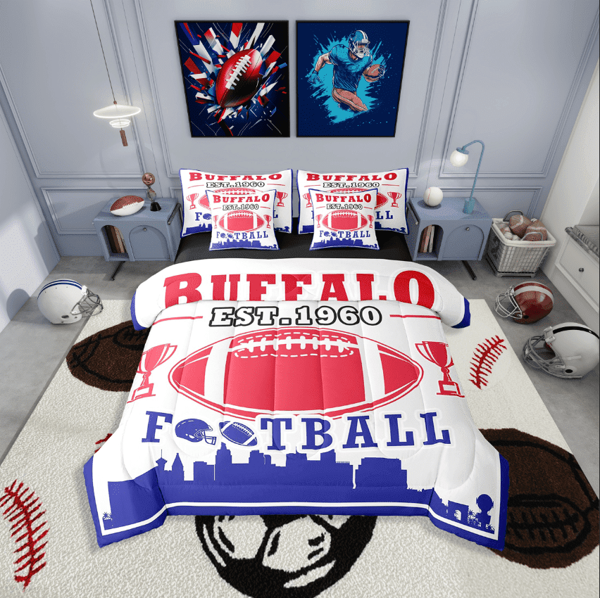 Erosebridal Football Print Bedding Sets Twin Size,Blue Red Comforter Sets with Sheets,Teenager Bedroom Decor(Buffalo),Reversible,Lightweight,7-Piece