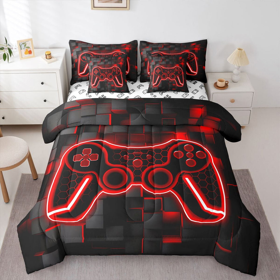 Erosebridal Gamer TwinComforter Set with Sheets 7 Piece Red and Black Bedding Set Teens Kids Boys Decor Gaming Ombre Bed in a Bag Geometric Square Bed Set