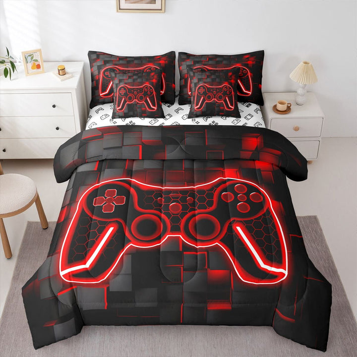 Erosebridal Gamer TwinComforter Set with Sheets 7 Piece Red and Black Bedding Set Teens Kids Boys Decor Gaming Ombre Bed in a Bag Geometric Square Bed Set
