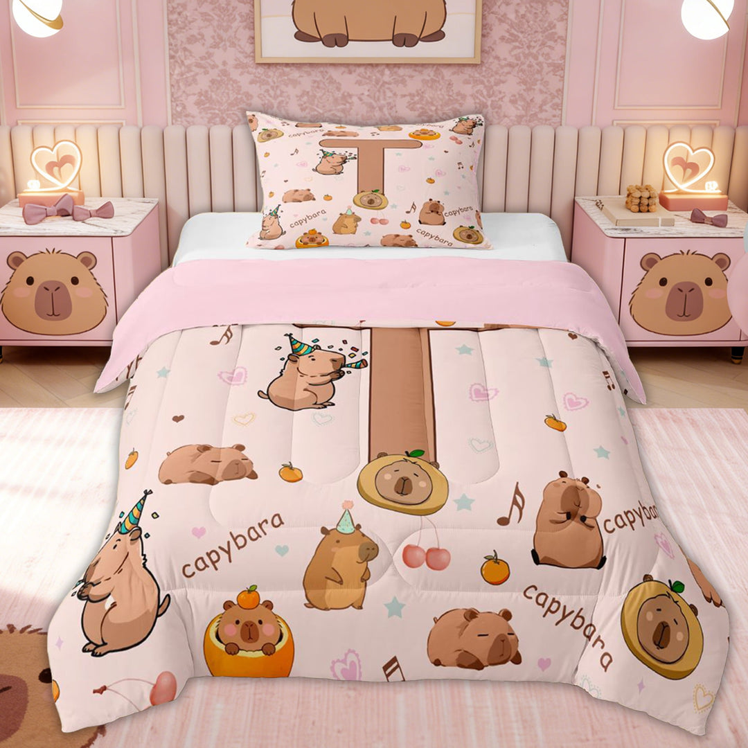 Erosebridal Monogrammed T Kids Twin Comforter Sets, Capybara Girls Bedding Set, 2-Piece, Pink Reversible