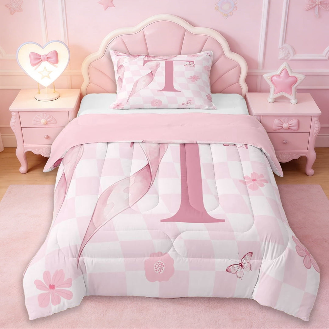 Erosebridal Girls Bowknot Letter T Twin Comforter Sets,Pink Cherry Blossom Bedding Set For Kids,Reversible pink,2pcs