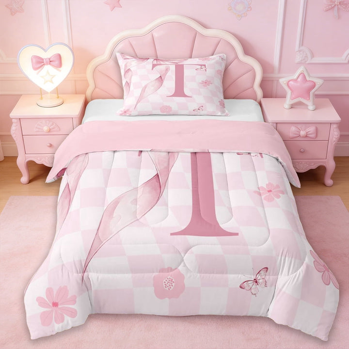 Erosebridal Girls Bowknot Letter T Twin Comforter Sets,Pink Cherry Blossom Bedding Set For Kids,Reversible pink,2pcs