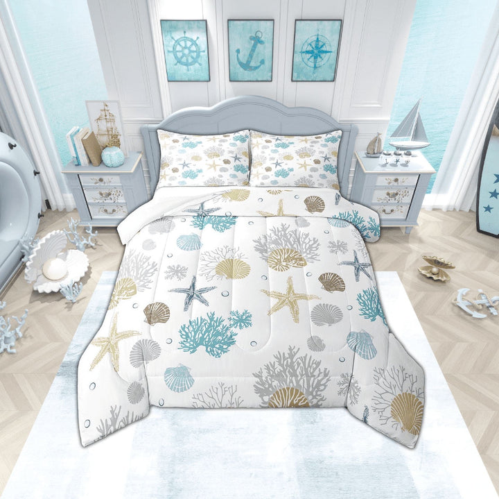 Ocean Comforter Set Starfish Coral Nautical Coastal King Bedding Comforter Sets ,Nautical Marine Life Quilt Seashell Conch Duvet Insert,Hawaii Beach Decor