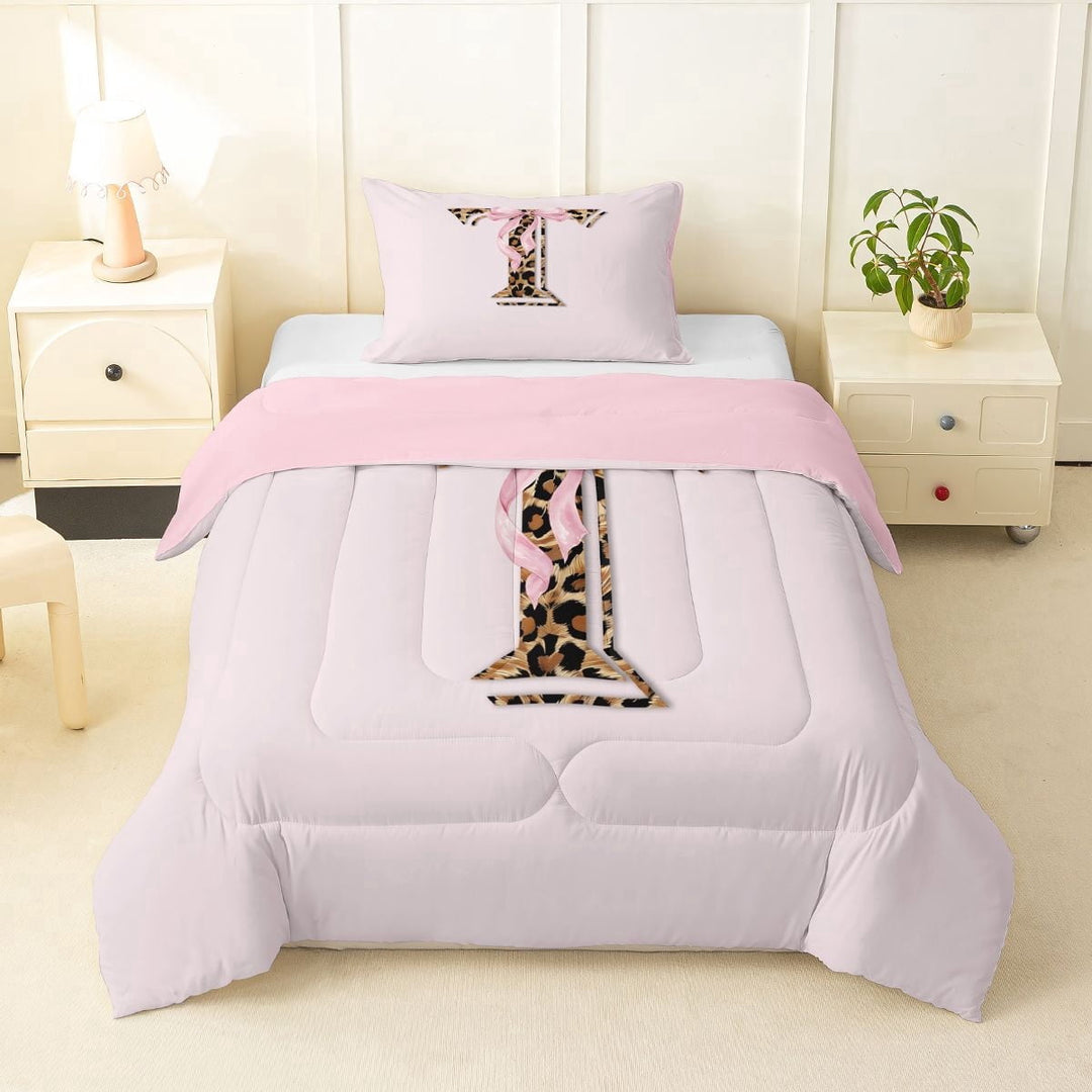Erosebridal Girly Pink Bow Letter T Twin Comforter Sets, Kids Brown Leopard Print Bedding Set, 2pcs