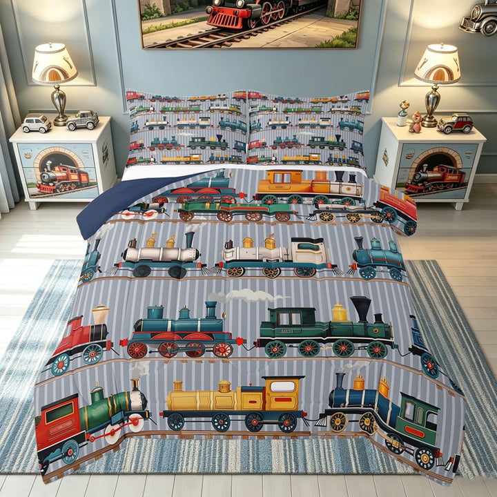 meiyoeat Vintage Steam Train Full Size Comforter Sets for Kids Boys, Retro Locomotive Car Bedding Comforter Set, Multicolor Gray, Blue Reversible, 3-Piece