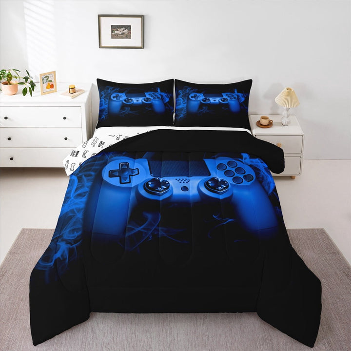 Erosebridal Blue Gaming Comforter Set Twin Size Gamer Comforter Teens Video Game Decor Bedding Set 2 Piece Console Game Controller Quilted Duvet Set Soft Black
