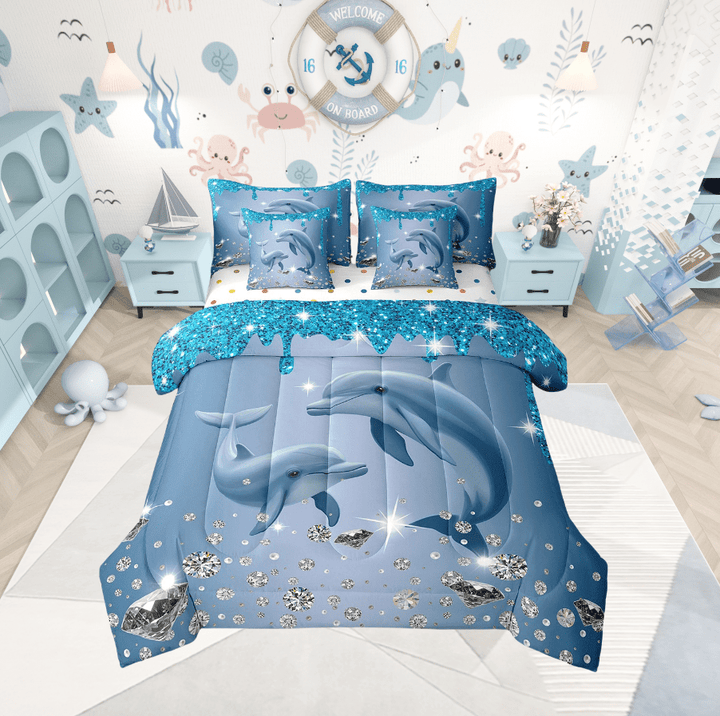 Dolphin Comforter Set 7 Piece Bed in a Bag Twin,Blue Sequin Fluid Art Comforter and Sheet Set,Crystal Diamond Bedding Set,Coastal Creature Bed Set Nautical Sea Animal Ocean Decor