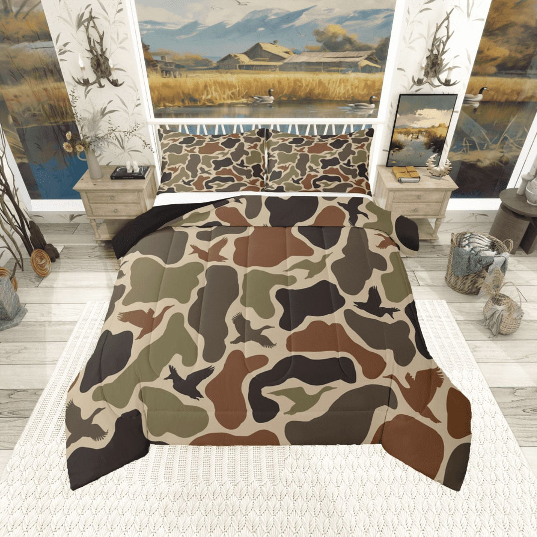 Manfei Mallard Duck 3-Piece Full Size Comforter Sets,Rustic Camouflage Bedding Comforter Set,Abstract Vintage Lightweight Bedding Sets,Breathable Animal Home Decor,Reversible