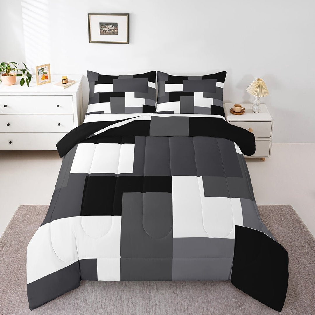 Erosebridal Black Rectangle Bedding Twin Comforter Set,Geometric Sqare Down Comforter,Abstract Artwork Bedding Sets Twin with Comforter,Super Cozy Plaid Bedroom Decorative,Reversible,3pcs