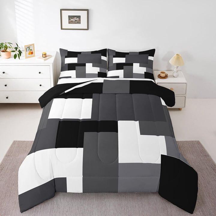 Erosebridal Black Rectangle Bedding Twin Comforter Set,Geometric Sqare Down Comforter,Abstract Artwork Bedding Sets Twin with Comforter,Super Cozy Plaid Bedroom Decorative,Reversible,3pcs