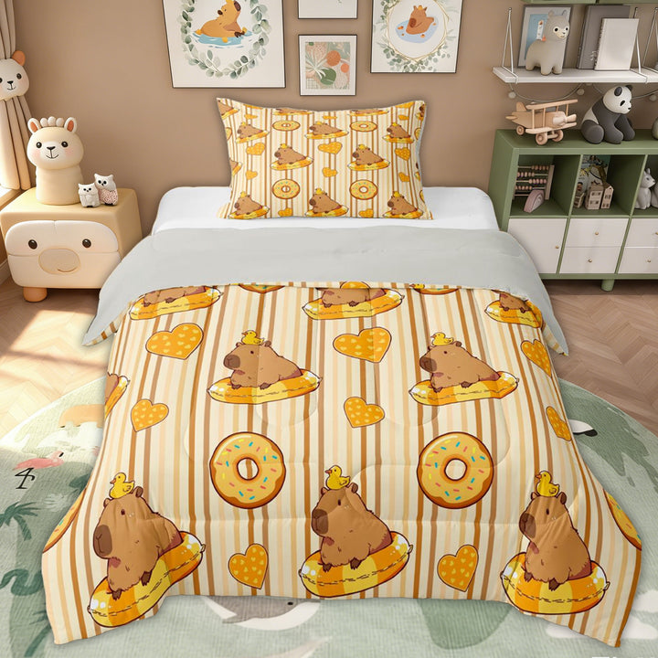 Erosebridal Donut Capybara Kids Twin Comforter Sets, Cute Love Heart Bedding Set, Orange, 2 Pieces