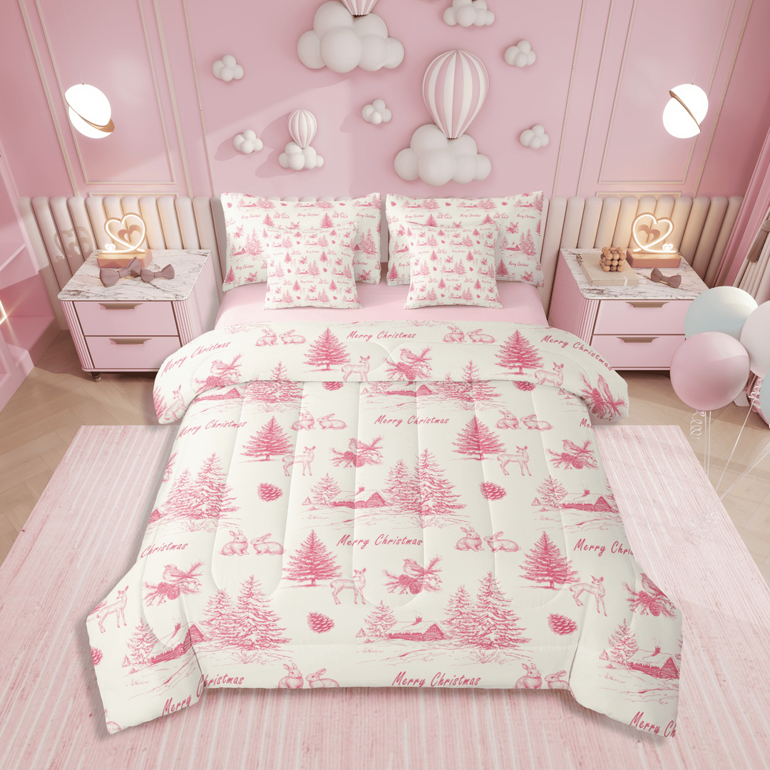 Pink Christmas Bed in a Bag Twin Size,Christmas Tree Village Comforter Set 7 Piece,Xmas Beige Bedding Sets,Cute Reindeer Rabbit Printed Sheet Set with Comforter